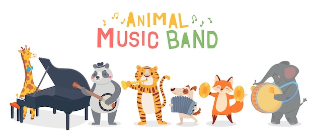 Personajes de músicos animales tocando diferentes instrumentos musicales Banda de jazz interpretando melodía Jirafa tocando el piano