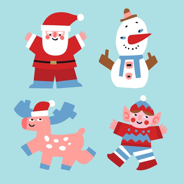 Personajes de Navidad de vector Santa Claus, muñeco de nieve, ciervos y elfos dibujados en estilo plano.