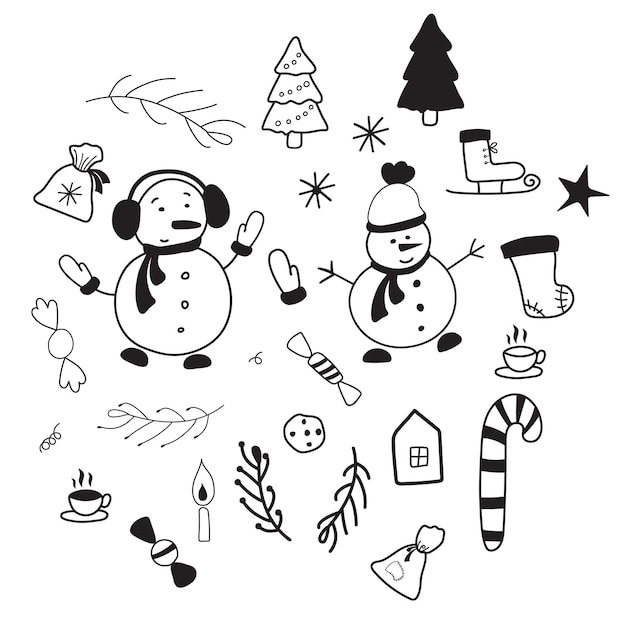 Personajes navideños elementos de doodle de vacaciones muñeco de nieve divertido con sombrero