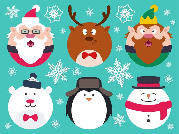 Personajes navideños redondos y planos como el muñeco de nieve del pingüino del oso polar del duende del reno de Papá Noel