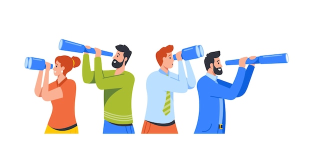 Personajes de negocios masculinos y femeninos mirando a través de binoculares y espía Business Vision Reclutamiento Pronóstico visionario