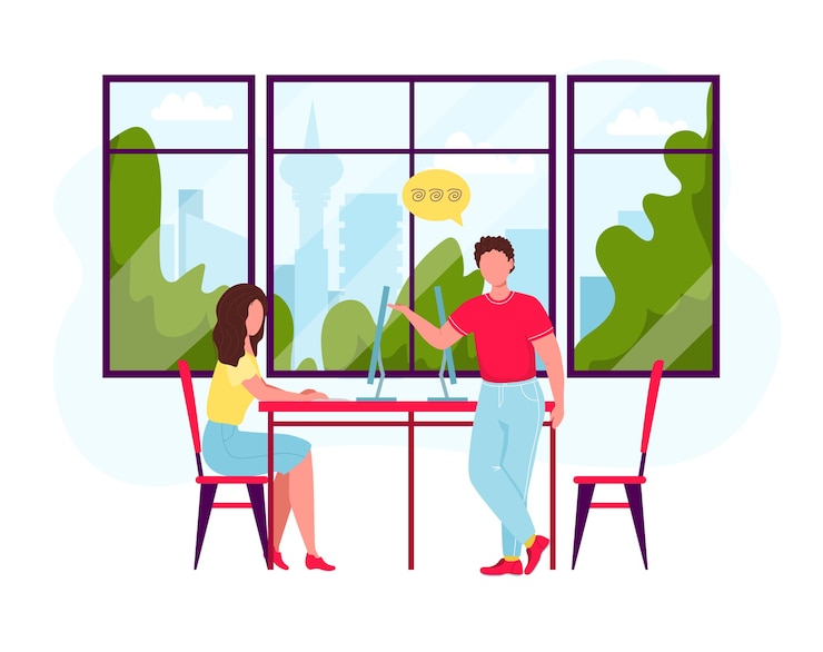 Vector personajes de negocios trabajando en oficina. hombre y mujer hablando en el lugar de trabajo cerca de una ventana grande con vistas a la ciudad. trabajo en equipo de oficina, lluvia de ideas.
