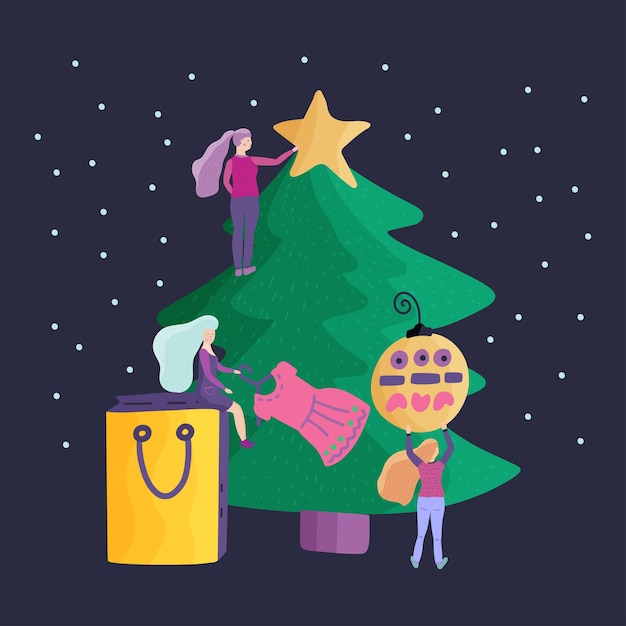 Personajes de niña pequeña decoran árbol de Navidad Ilustración de vector de estilo plano