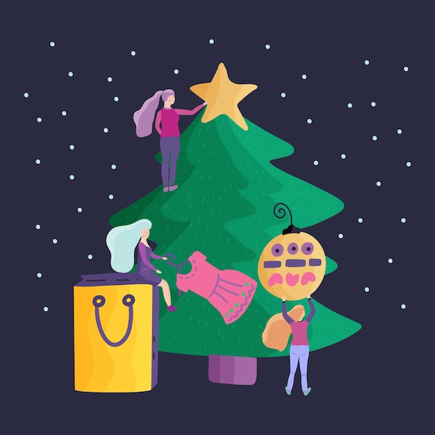 Personajes de niña pequeña decoran árbol de navidad ilustración de vector de estilo plano