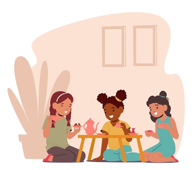 Vector los personajes de niñas se reúnen para una encantadora fiesta de té. delicadas tazas de té y risitas llenan el aire mientras beben té imaginario y comparten risas en un entorno encantador. ilustración de vectores de dibujos animados.