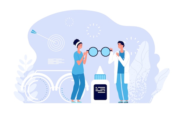 Personajes de oftalmólogos. Concepto de vector de clínica de Oftalmología. Médico y enfermera con gafas, examen ocular, ilustración de diagnóstico. Doctor en medicina, oftalmología clínica de medicina