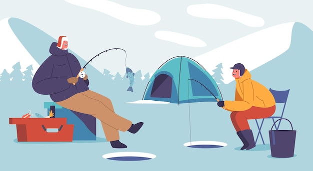 Vector personajes de padre e hijo que se unen en un sereno viaje de pesca de invierno, personas disfrutando de momentos acogedores en el lago congelado e historias compartidas en medio del paisaje cubierto de nieve, ilustración vectorial de dibujos animados