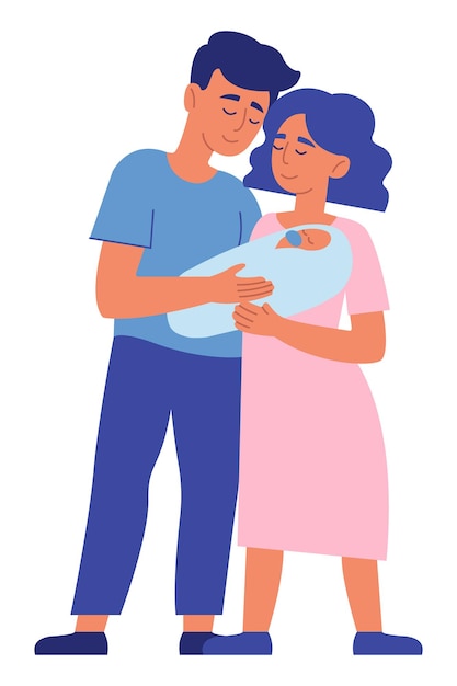 Los personajes de padres felices tienen a un bebé recién nacido en los brazos