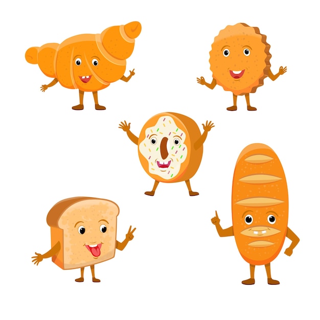 Personajes de pan. Divertidos y sabrosos pasteles de panadería, panes felices de dibujos animados se enfrentan a un juego de caracteres, pan, donat, croissant y galletas ilustración vectorial de expresión