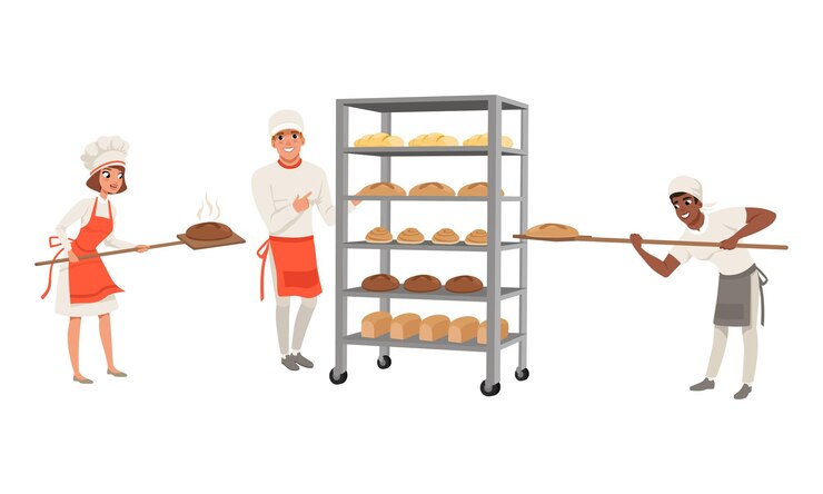Vector personajes de panadería personas en uniforme trabajando en una panadería ilustración vectorial al estilo de dibujos animados