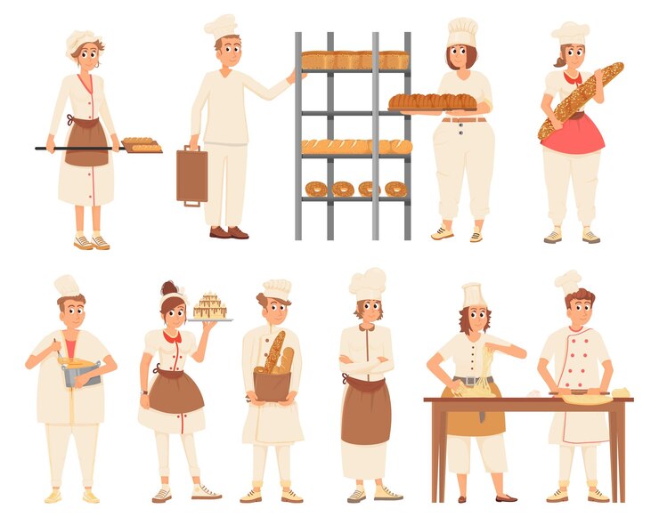 Vector personajes de panaderos panadero de dibujos animados mujer y hombre sostienen pan y comidas de panadería chef cocinero en confitería y pastelería conjunto de vector decente de comida fresca