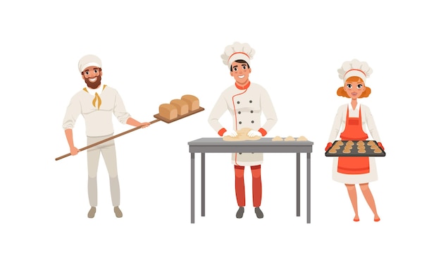 Los personajes de los panaderos ponen a personas alegres en uniforme para hornear pan y productos de confitería Ilustración vectorial de estilo dibujos animados
