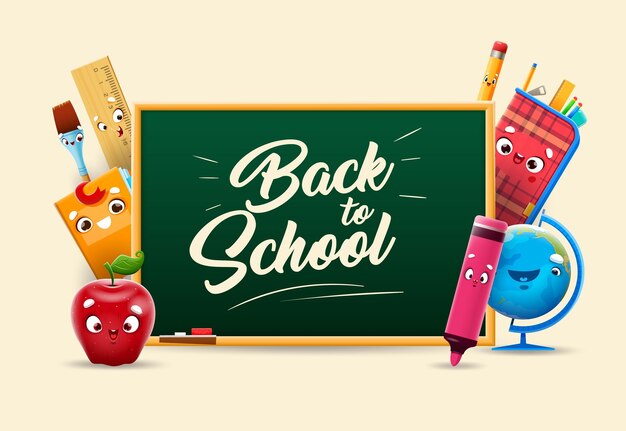 Personajes de papelería escolar de dibujos animados con pizarra Afiche de bienvenida de regreso a la escuela con lindos útiles estudiantiles personajes vectoriales Regla de libro feliz y marcador de pincel de manzana globo y pizarra de clase