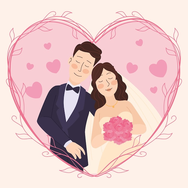 Personajes de pareja de boda lindos aislados en forma de corazón vector