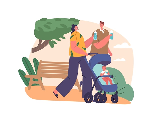 Los personajes de una pareja empujan un cochecito de bebé mientras disfrutan de una bebida refrescante de agua que combina la alegría de la paternidad