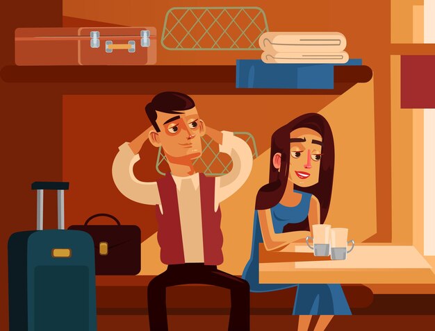 Vector personajes de pareja hombre y mujer viajando en tren