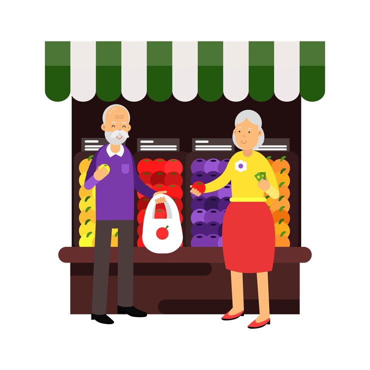 Vector personajes de pareja senior comprando frutas frescas en el mercado de frutas, vector de caracteres coloridos de estilo de vida saludable ilustración sobre un fondo blanco
