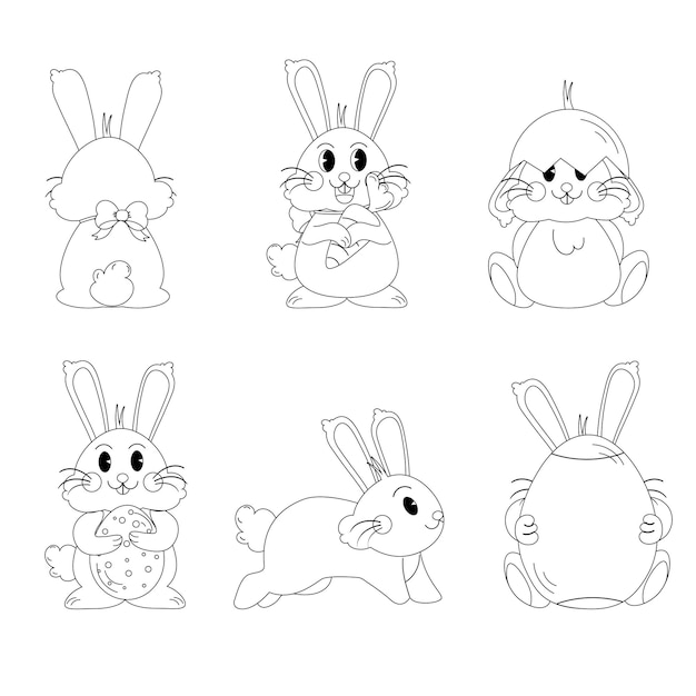 Personajes de pascua planos colección de conejitos contorno en blanco y negro conejo con huevo y zanahoria