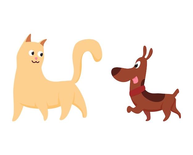 personajes de perros y gatos mejores amigos felices. juntos jugando aislado sobre fondo blanco