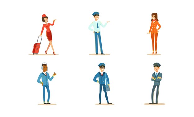 Personajes del personal de la aeronave Piloto y azafata en el trabajo Conjunto de ilustraciones vectoriales