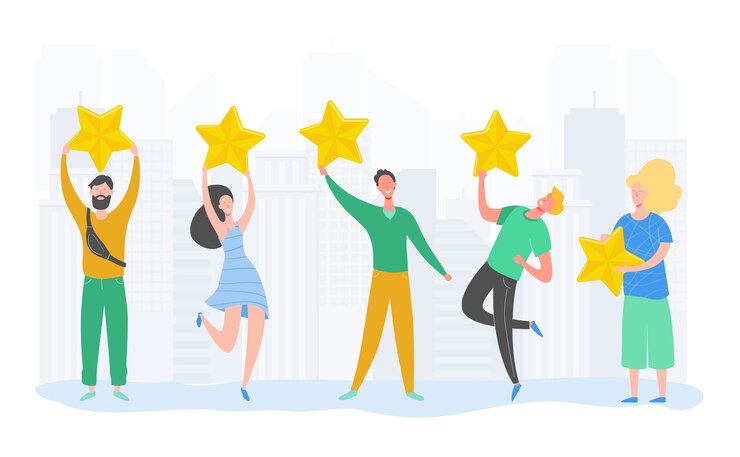 Vector personajes de personas con estrellas doradas. hombres y mujeres califican los servicios y la experiencia del usuario. valoración de los jurados en la competición. revisión positiva de cuatro estrellas o buenos comentarios. ilustración de dibujos animados
