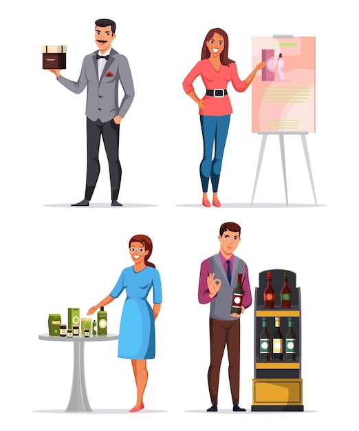 Personajes de personas de hombres y mujeres que presentan nuevos productos conjunto de dibujos animados Alimentos bebidas cosméticos y productos de belleza orgánicos conjunto de presentación
