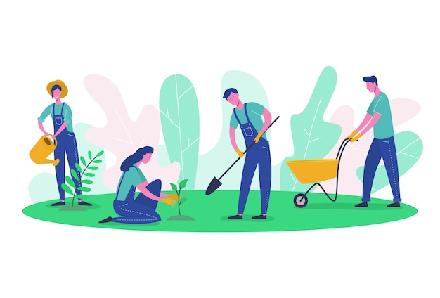 Vector personajes de personas jardinero y granjero trabajan en jardín. mujer árbol de cosecha, mujer plantando verde, hombre cavando. dibujos animados planos ecología limpia y herramientas de jardín