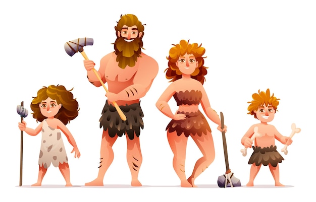 Personajes de personas primitivas. edad de piedra prehistórica cavernícola familia vector ilustración