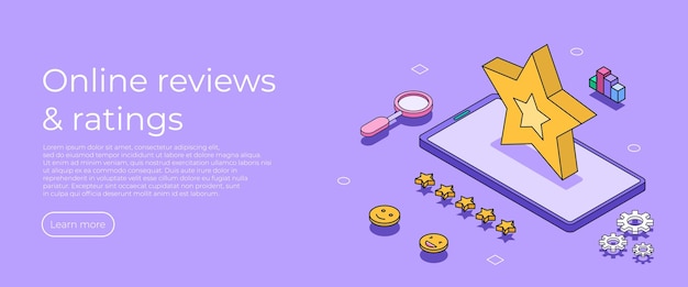 Personajes de personas que dan retroalimentación de cinco estrellas a los clientes que eligen la calificación de satisfacción y dejan una revisión positiva Concepto de servicio al cliente y experiencia del usuario Ilustración vectorial isométrica plana