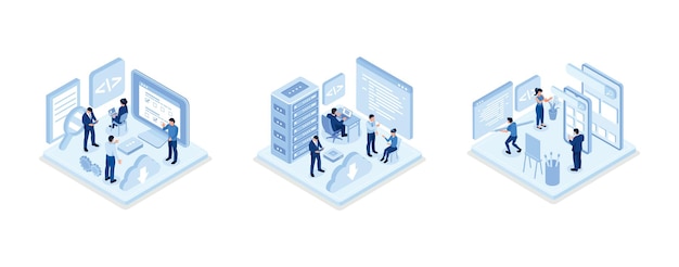 Personajes de personas que desarrollan software y envían datos al almacenamiento en la nube, programación del equipo de desarrolladores