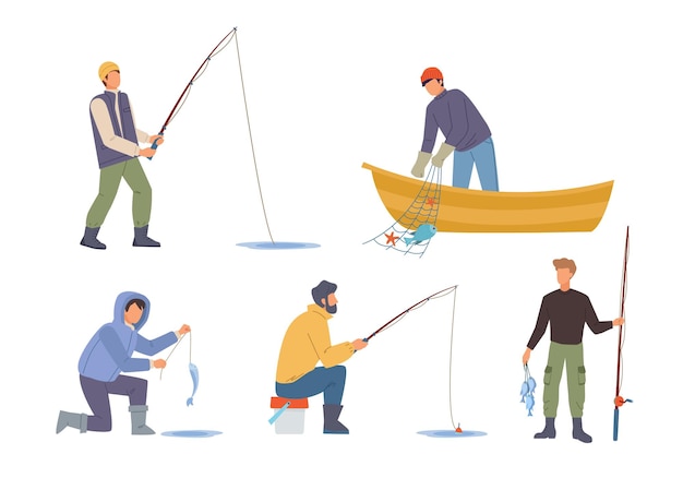 Personajes de pesca sentados con cañas y pesca al aire libre estilo de vida hobby vector personajes de dibujos animados