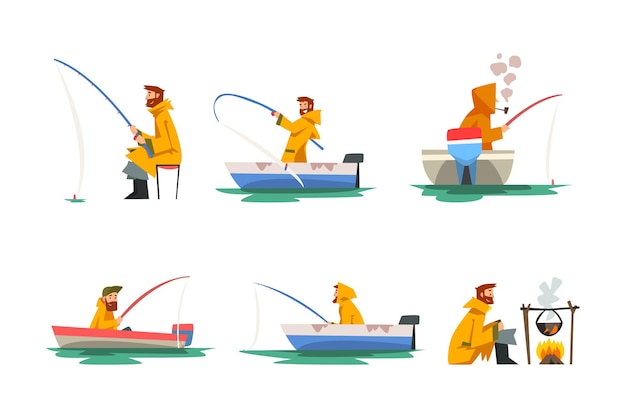 Personajes de pescadores hombres pescando con caña en la orilla y el barco cocinando pescado recién capturado en el fuego ilustración vectorial