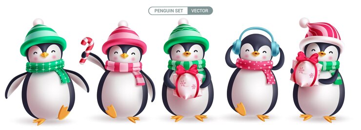 Vector los personajes de los pingüinos de navidad diseñan conjuntos vectoriales de personajes de pingüinos colección de mascotas lindas con sombrero