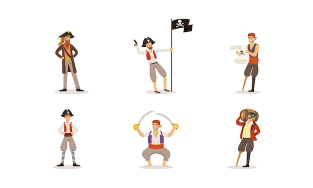 Vector personajes piratas posando en diferentes situaciones ilustraciones vectoriales