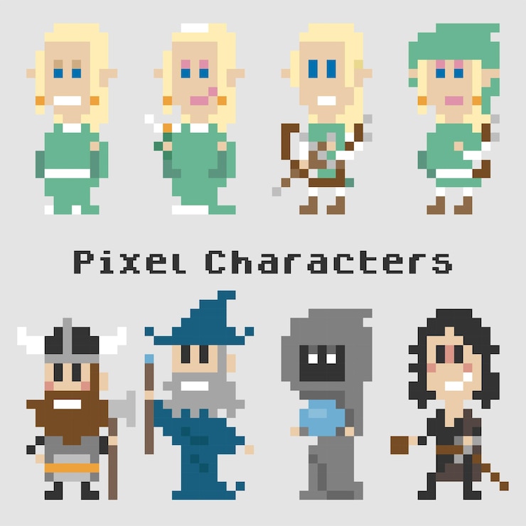 Vector personajes de píxeles 8 bits avatar cuento de hadas