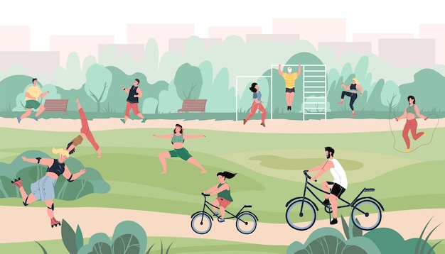 Vector personajes planos de dibujos animados que realizan diversas actividades deportivas al aire libre en el parque de la ciudad estilo de vida deportivo y saludable ...