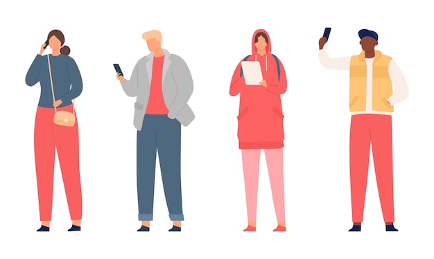 Personajes planos modernos joven y mujer sosteniendo teléfonos inteligentes Niño tomando selfie foto niña hablando por teléfono móvil
