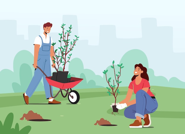 Personajes plantando plántulas y árboles en el suelo del jardín