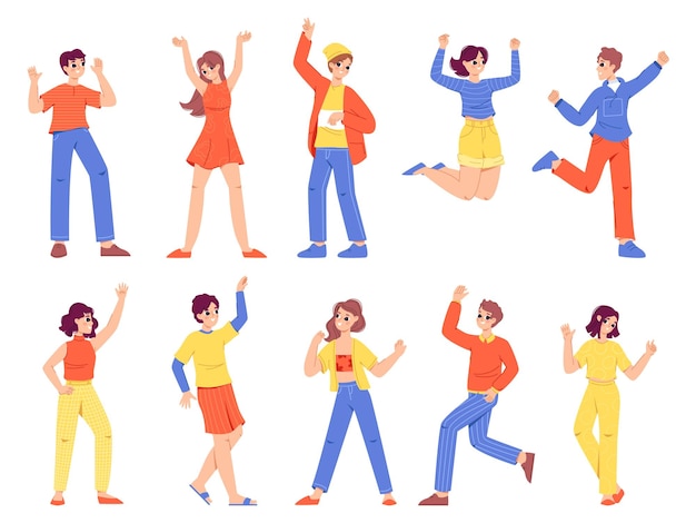 Personajes positivos de adultos jóvenes Diferentes sociedades universitarias persona feliz adolescente o jóvenes amigos Celebración de aplausos estudiantes despreocupados vector conjunto de carácter joven y alegre ilustración