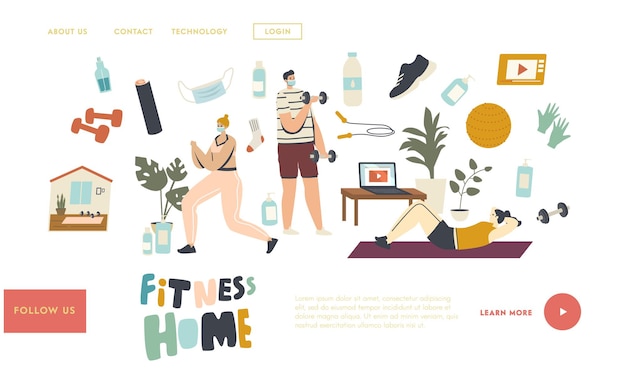 Personajes practicando fitness en casa durante la plantilla de página de inicio de cuarentena. Hombres y mujeres haciendo ejercicios para un cuerpo sano en el interior doméstico. Estilo de vida deportivo. Ilustración vectorial de personas lineales
