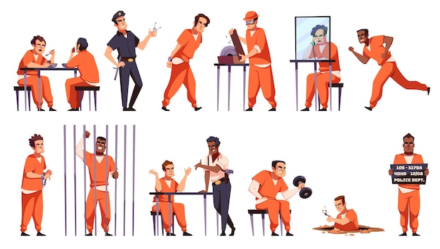 Personajes de prisioneros Chicos con trajes naranjas violación de la ley castigo hombres en cárcel jaula condena de prisión cumpliendo interrogatorio policial dibujos animados estilo plano aislado conjunto vectorial ordenado