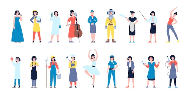 Vector personajes profesionales femeninos diversas ocupaciones gestión profesional mujeres grupo de trabajadores femeninos en diferentes uniformes conjunto de vectores recientes