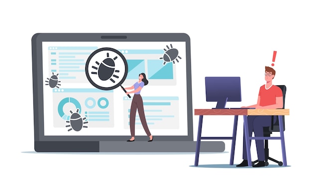 Los personajes del programador capturan errores, proceso de depuración, programación, codificación, creación de aplicaciones. Desarrollo y prueba de aplicaciones. Creación de software antivirus y sitios web. Ilustración de Vector de gente de dibujos animados