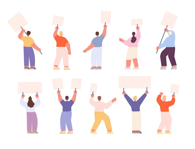 Personajes de protesta Las personas que sostienen pancartas adultos respaldan con pancartas Reunión de jóvenes manifestantes acción política y demostración conjunto de vectores completos