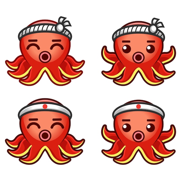 Personajes de pulpo takoyaki de dibujos animados de diseño plano vectorial Amistad de mascota de mochi lindo Conjunto de caracteres para plantilla de ilustración de tarjeta de felicitación y logotipo