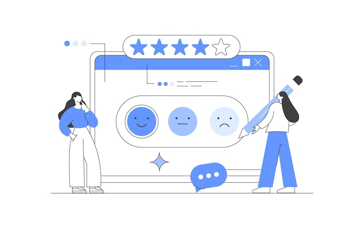 Vector personajes que dan comentarios de cinco estrellas clientes que eligen la calificación de satisfacción servicio al cliente usuario
