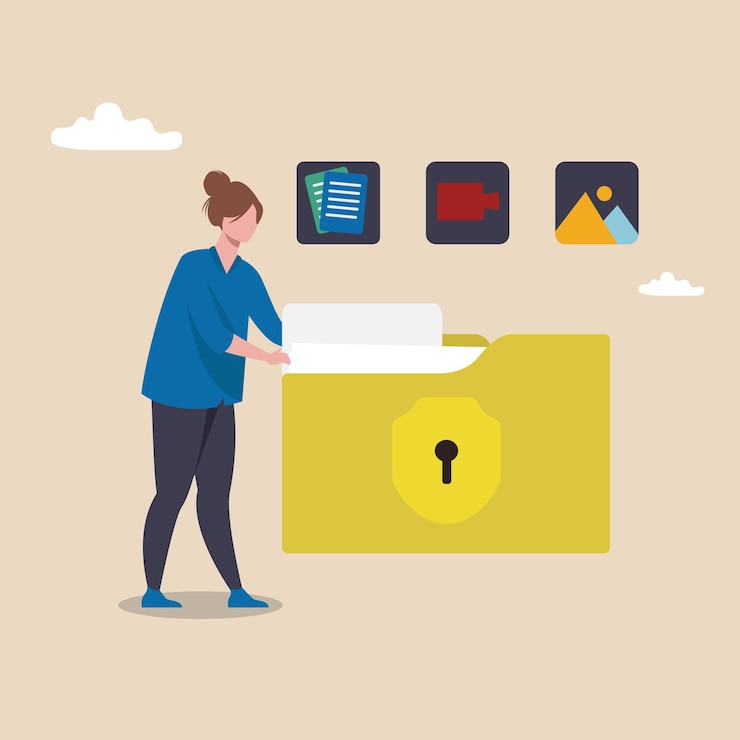 Vector personajes que utilizan servicios de seguridad cibernética para proteger datos personales