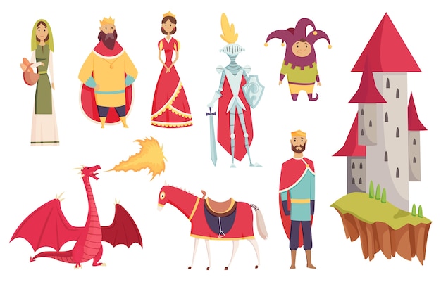 Vector personajes del reino medieval de ilustraciones del período histórico de la edad media