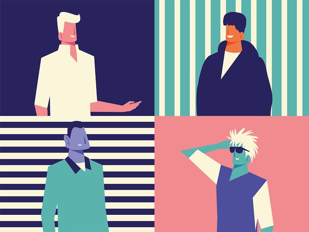 Personajes de retrato de hombres de diversidad sobre fondo rayado conjunto ilustración vectorial