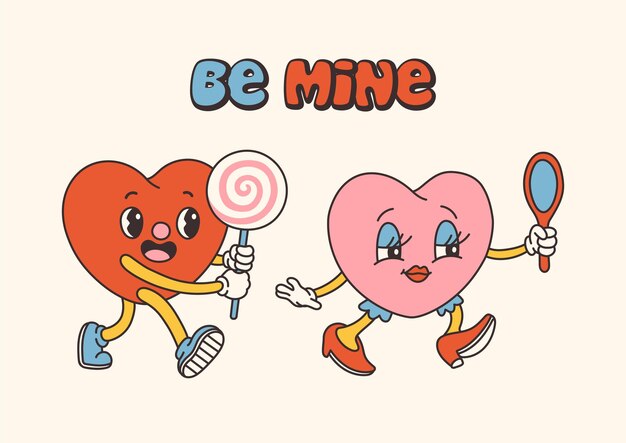 Personajes retro Groovy del día de San Valentín con eslóganes sobre el amor. Estilo de dibujos animados de moda de los años 70. Tarjeta postal
